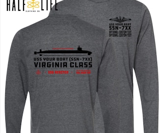 Virginia Class Submarine Long Sleeve Tee with Custom Personalized boat name, hull number & custom text | Fast Attack Submarine