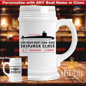 Personalized Skipjack Class Nuclear Submarine, Custom 22 oz Ceramic Beer Stein | Rickover | Navy Nuke | US Navy Veteran Swag & Gifts