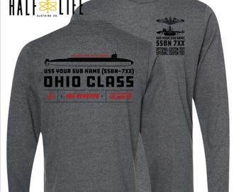 Ohio Class Submarine Long Sleeve Tee with Custom Personalized boat name, hull number & custom text | Ballistic Missile Submarine | Navy Nuke