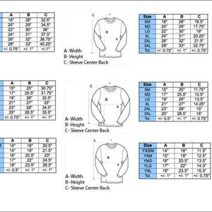 May include: A chart with size measurements for unisex, women's, and youth long-sleeve and short-sleeve shirts. The chart includes measurements for width, height, and sleeve center back in inches.
