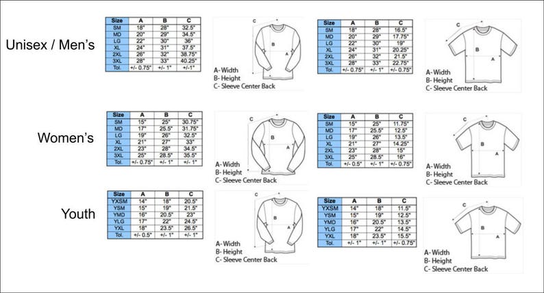 May include: A chart with size measurements for unisex, women's, and youth long-sleeve and short-sleeve shirts. The chart includes measurements for width, height, and sleeve center back in inches.