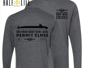 Permit Class Submarine Long Sleeve Tee with Custom Personalized boat name, hull number & custom text | Ballistic Missile Submarine