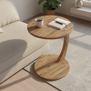 C Shaped Side Table Round Top, Wood Sofa Table, Small End Table for Living Room, Couch Side Table, Accent Table, Easy Assembly Flat Pack
