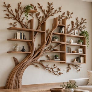 May include: A large, wall-mounted wooden bookshelf designed to resemble a tree with a trunk, branches, and leaves. The structure features multiple horizontal shelves integrated into the branch design, holding various books, small potted plants, and frames.