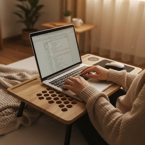 Op de afbeelding: Een laptopbureau van lichtgekleurd hout met inklapbare zwarte poten, voorzien van een zeshoekig uitgesneden patroon voor ventilatie. Het bureauoppervlak bevat een zilveren laptop en een witte computermuis op een zwarte muismat.