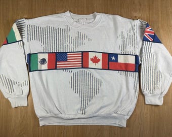 Felpa vintage anni '80 con bandiera internazionale, grande mappa, Olimpiadi, comoda e sportiva