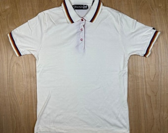 Polo Hunter's Glen vintage de los años 80, cuello a rayas con costura simple y botones a presión de color.
