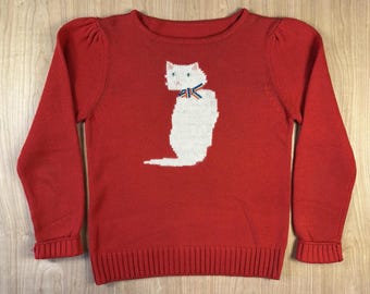 Vintage 1980's Cat Sweater handmade Puffy Sleeve red White Kitty valley girl Wow
