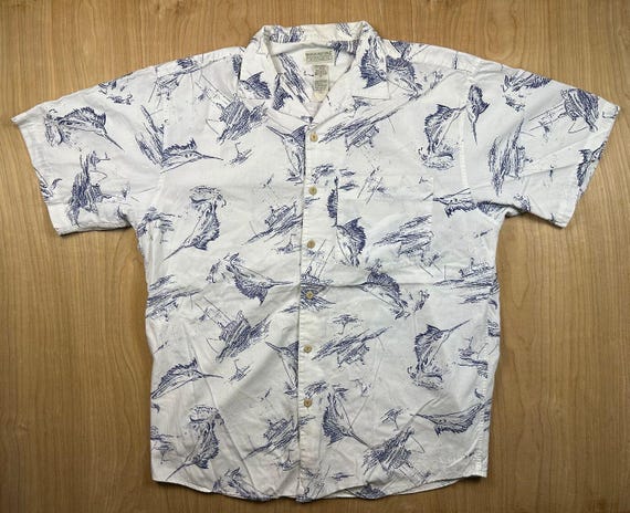 Vintage 80s Banana Republic Safari & Travel marlin button up shirt fish fishing