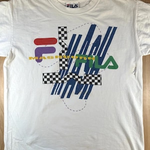 vintage 90's Fila Mashburn t shirt Large white Torn rad Basketball sneakers image 1