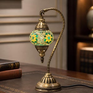 Green Mosaic Swan Table Lamp, Floral Glass Bedside Light, Antique Brass Desk Lamp