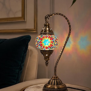 Mosaic Swan Neck Table Lamp, Turkish Flower Glass Bead Desk Light, Boho Bedside Accent