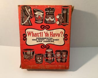 Vintage “What’ll Ya Have” Novelty Bar Jiggers in original box from the 1950’s.