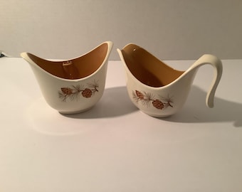 Vintage Pine Cone and Needle Pattern Sugar bowl no lid and Creamer Set by Taylor Smith & Taylor. Made in the 1950’s