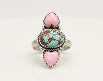 Pink Copper opal Ring, Sterling Silver Statement Ring, Triple Stone Gemstone Ring, Boho Southwestern Jewelry, Handmade Gift for Her