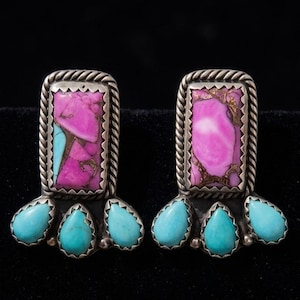 Pink Turquoise Statement Earrings, Southwestern Sterling Silver Stud Earrings, Handmade Western Jewelry Gift for Her