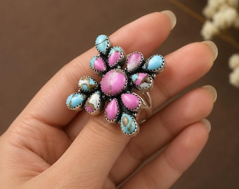 Pink Cotton Candy Turquoise Ring 925 Sterling Silver Daily Wear December Birthstone Pear Shape Jewelry