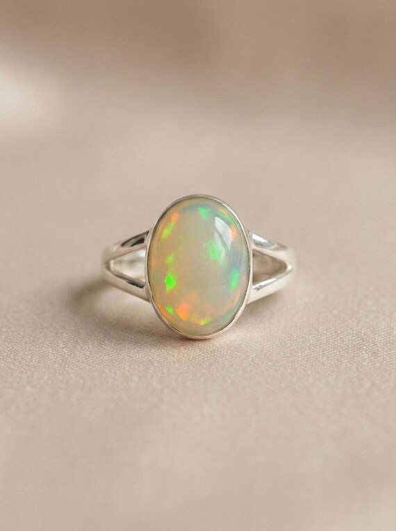 Oval Natural Opal Ring, 925 Sterling Silver, Minimalist Split Shank Ring, Fire Opal October Birthstone, Dainty Promise Ring For Girlfriend