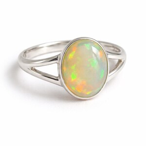 Oval Natural Opal Ring, 925 Sterling Silver, Minimalist Split Shank Ring, Fire Opal October Birthstone, Dainty Promise Ring For Girlfriend image 3