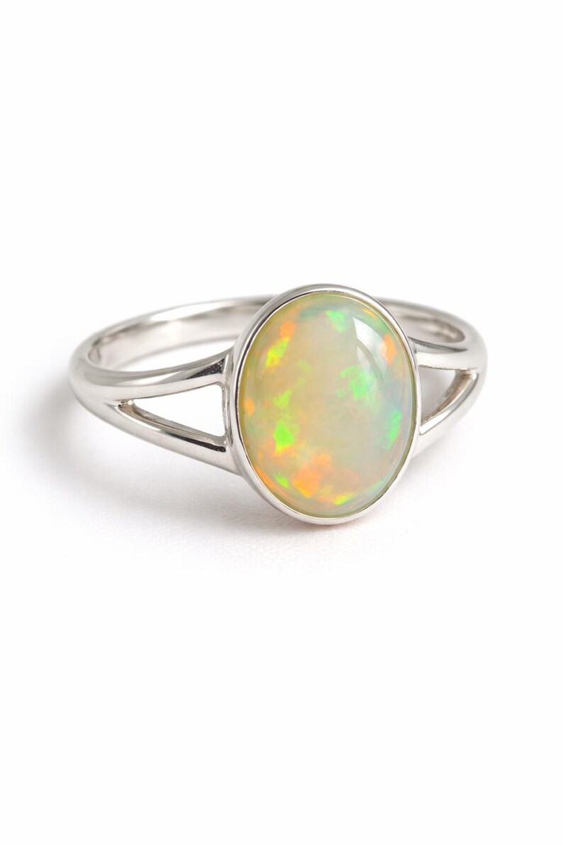 Oval Natural Opal Ring, 925 Sterling Silver, Minimalist Split Shank Ring, Fire Opal October Birthstone, Dainty Promise Ring For Girlfriend image 3