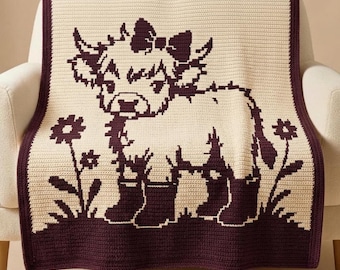 Highland Cow Overlay Mosaic Crochet Pattern PDF, Farmhouse Blanket Pattern, Floral Cow Throw, Mosaic Crochet Blanket Download