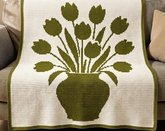 Tulip Vase Overlay Mosaic Crochet Blanket Pattern PDF, Floral Throw, Modern Flower Afghan, Chart & Written Instructions Download