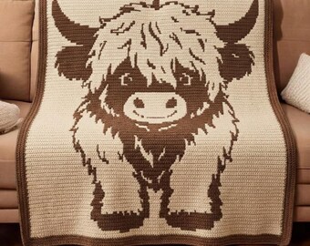 ハイランド牛オーバーレイモザイクかぎ針編みブランケットパターンPDF、ファームハウス牛アフガン、かわいい牛スロー、デジタルダウンロード、モザイクかぎ針編み