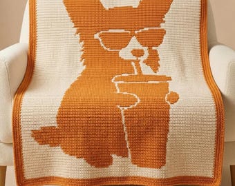 Cool Corgi Overlay Mosaic Crochet Blanket Pattern PDF, Dog with Iced Coffee, Modern Mosaic Afghan Chart, Written Instructions Download