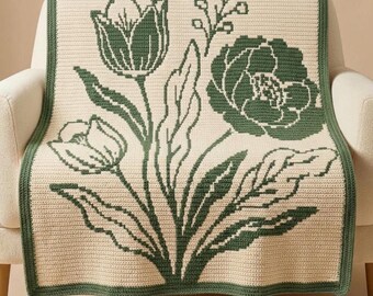 Floral Overlay Mosaic Crochet Blanket Pattern PDF, Tulip & Peony Mosaic Crochet Throw, Botanical Blanket Chart, Mosaic Crochet