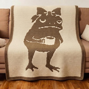 Patrón de manta de ganchillo con mosaico superpuesto de rana gruñona en PDF, manta de ganchillo divertida con forma de rana, manta de rana cafetera, gráfico de ganchillo de mosaico