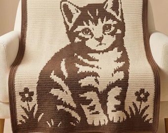Cat Overlay Mosaic Crochet Pattern PDF, Tabby Cat Blanket Pattern, Mosaic Crochet Throw, Floral Cat Afghan, Mosaic Crochet