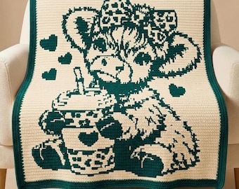 Baby Highland Cow Overlay Mosaic Crochet Blanket Pattern PDF, Cute Cow Crochet Blanket, Farm Animal Afghan, Mosaic Crochet