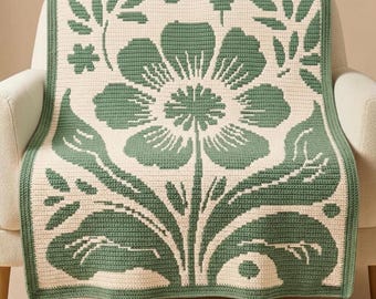 Botanical Flower Overlay Mosaic Crochet Blanket Pattern PDF, Floral Afghan Chart, Scandinavian Folk Art Throw, Mosaic Crochet