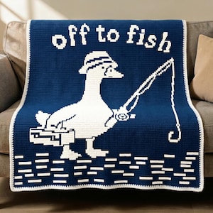 Funny Fishing Goose Mosaic Crochet Pattern PDF, Off To Fish Blanket, Angler Throw, Cabin Decor Afghan, Overlay Mosaic Chart, Mosaic crochet