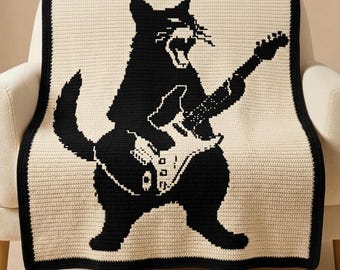 ロックキャットモザイクかぎ針編みブランケットパターンPDF、ギターキャットオーバーレイモザイクかぎ針編みスロー、音楽好きのためのブランケット、猫好きへのギフト