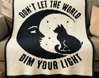 Don't Let the World Dim Your Light Mosaic Crochet Blanket Pattern PDF, Moon Cat Overlay Mosaic Crochet Throw, Gothic Home Decor