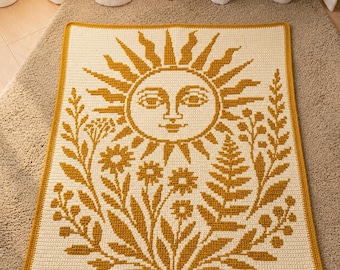 Sun Face Botanical Mosaic Crochet Blanket Pattern PDF Boho Sun Mandala Overlay Crochet Wall Throw Bed Decor Mosaic Crochet