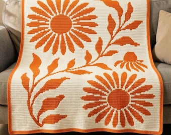 Sunflower Overlay Mosaic Crochet Blanket Pattern PDF, Floral Mosaic Crochet Throw, Botanical Blanket, Instant Mosaic Crochet