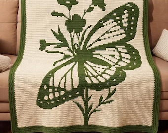 Butterfly Wildflower Overlay Mosaic Crochet Blanket Pattern PDF, Nature Butterfly Afghan, Floral Throw, Chart & Written Instructions