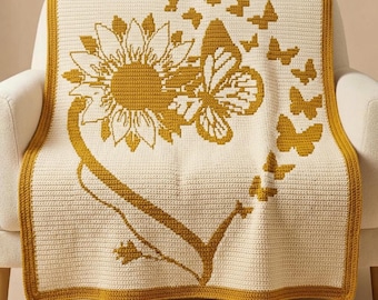 Sunflower Butterfly Overlay Mosaic Crochet Blanket Pattern PDF, Floral Mosaic Crochet Throw, Nature Afghan,  Mosaic Crochet