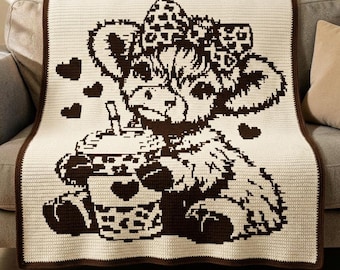 Cute Cow Overlay Mosaic Crochet Blanket Pattern PDF, Kawaii Farm Animal Afghan, Baby Cow Mosaic Crochet Throw Chart Download