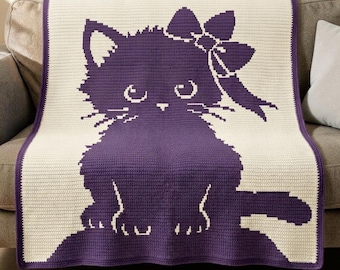 Cute Kitten Overlay Mosaic Crochet Blanket Pattern PDF, Cat With Bow Afghan, Graph & Written Instructions Digital Download
