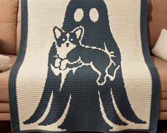 Ghost Holding Corgi Overlay Mosaic Crochet Blanket Pattern PDF, Halloween Dog Afghan Chart, Written Instructions, Mosaic Crochet