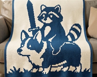 Raccoon Riding Corgi Overlay Mosaic Crochet Blanket Pattern PDF, Funny Animal Afghan, Fantasy Blanket, Chart & Written Guide