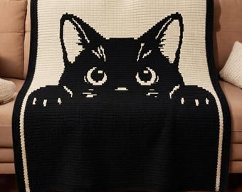 Peekaboo Black Cat Overlay Mosaic Crochet Blanket Pattern PDF, Cute Cat Throw, Modern Feline Afghan, Mosaic Crochet Chart
