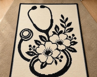 Floral Stethoscope Mosaic Crochet Blanket Pattern PDF, Medical Nurse Overlay Crochet Throw, Modern Flower Doctor Gift Wall Art Blanket