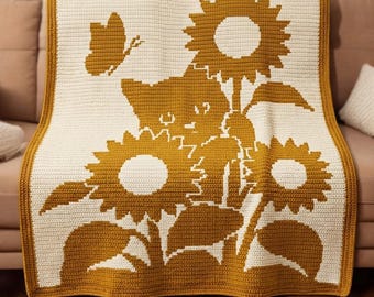 Sunflower Cat Overlay Mosaic Crochet Pattern, PDF Blanket Pattern, Floral Cat Throw, Butterfly Afghan, Mosaic Crochet