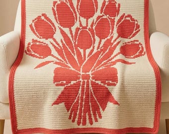 Tulip Bouquet Overlay Mosaic Crochet Blanket Pattern PDF, Floral Throw, Spring Blanket, Mosaic Crochet Chart,  Mosaic Crochet