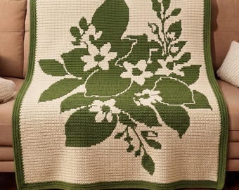 Floral Overlay Mosaic Crochet Blanket Pattern PDF, Botanical Flower Throw, Leaf Mosaic Afghan, Nature Crochet Chart,  Mosaic Crochet