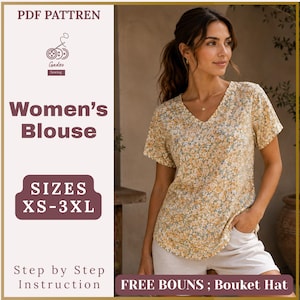 May include: A PDF pattern for a blouse with a V-neck and short sleeves, featuring a yellow and blue floral print. The text includes PDF PATTREN, Gadzo Sewing, Blouse, SIZES XS-3XL, Step by Step Instruction, and FREE BOUNS; Bouket Hat.